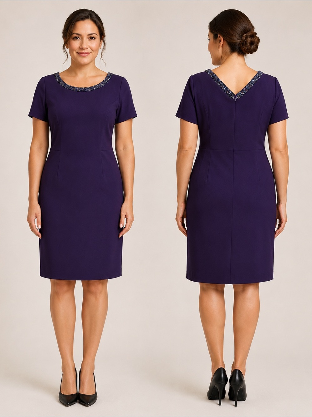 Talbots Beaded Plum Purple Neckine Short Sleeve Cocktail Dress Size 14W NWT